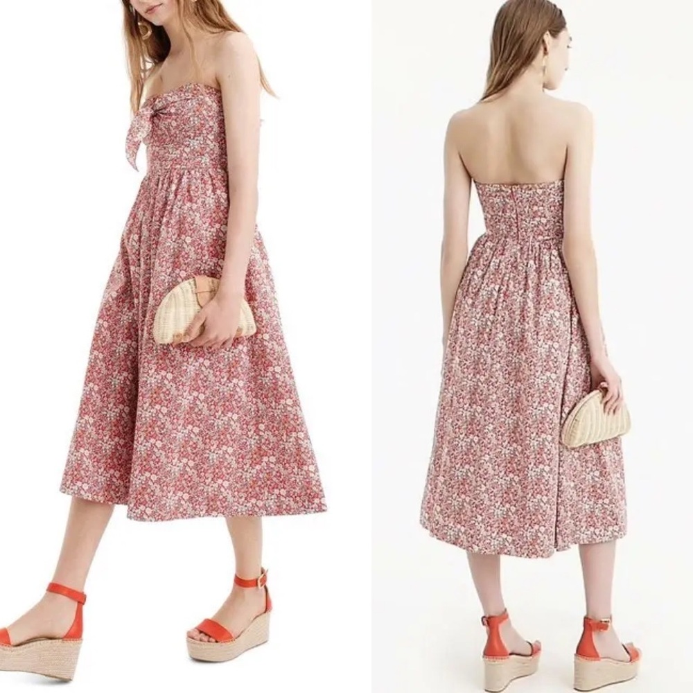 J.CREW•Liberty red floral cherry garbo tie front strapless cotton dress 8 EUC